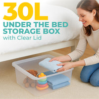 Underbed Plastic Storage Boxes with Lids – Clear & Black – 30L, 32L | Stackable Plastic Containers for Clothes, Shoes & Bedding | Space-Saving, Durable, BPA Free Storage Bins