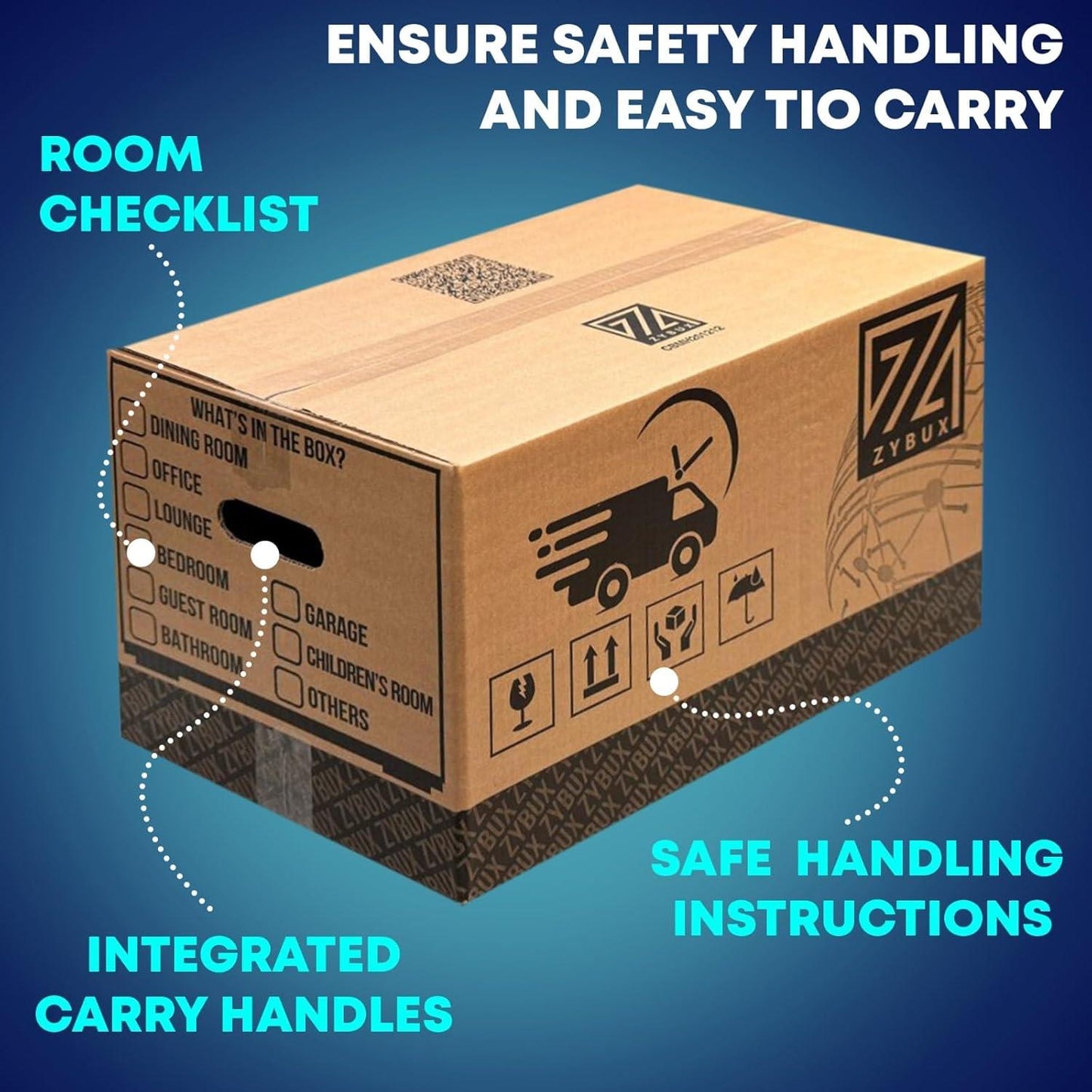 ZYBUX - 52cm x 30cm x 30cm - (Approx. 20"x12"x12") - Large Strong Cardboard Moving Boxes - Removal Boxes for Moving House - Packing & Storage Cartons with Carry Handles