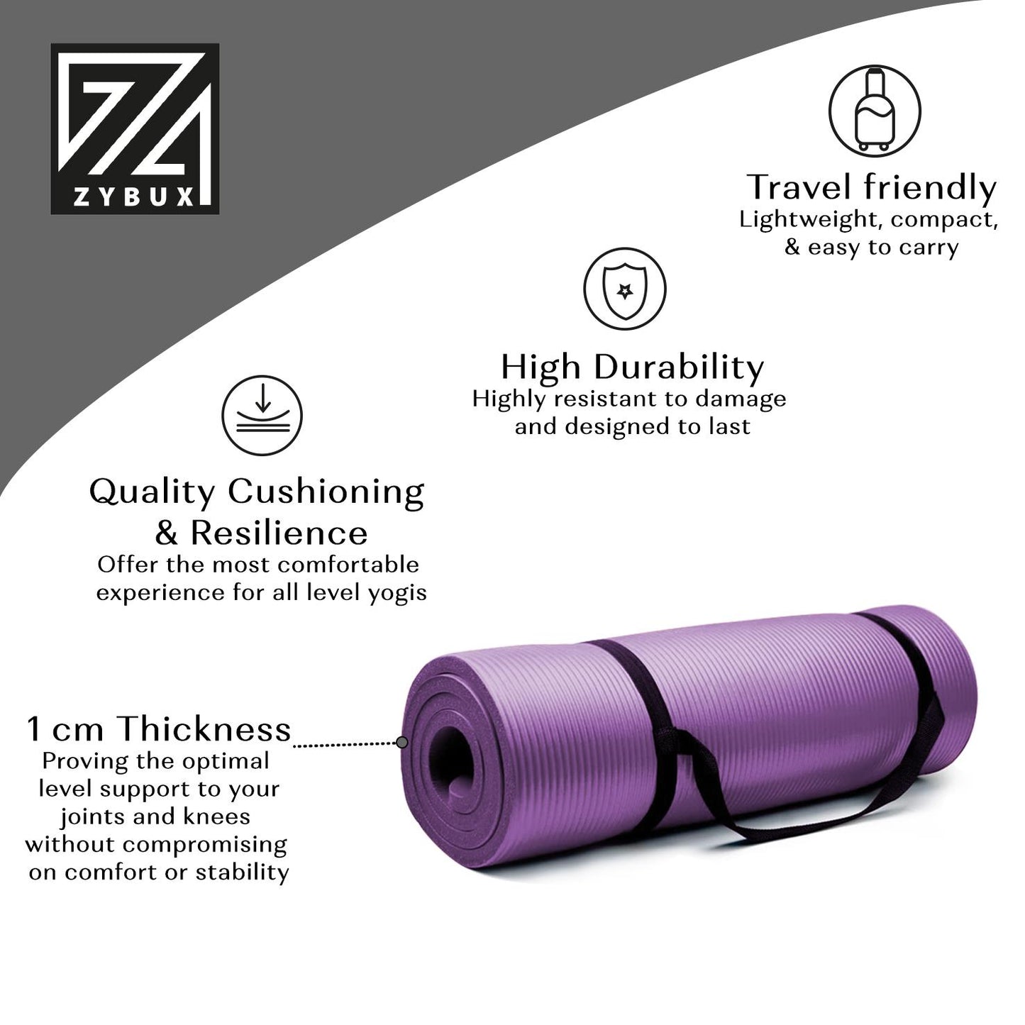 ZYBUX - Yoga Mat Non Slip - | Exercise Mat, Foldable Mats with Carrying Strap - Women and Men Fitness Mats | 1cm thick | 183cmx61cm