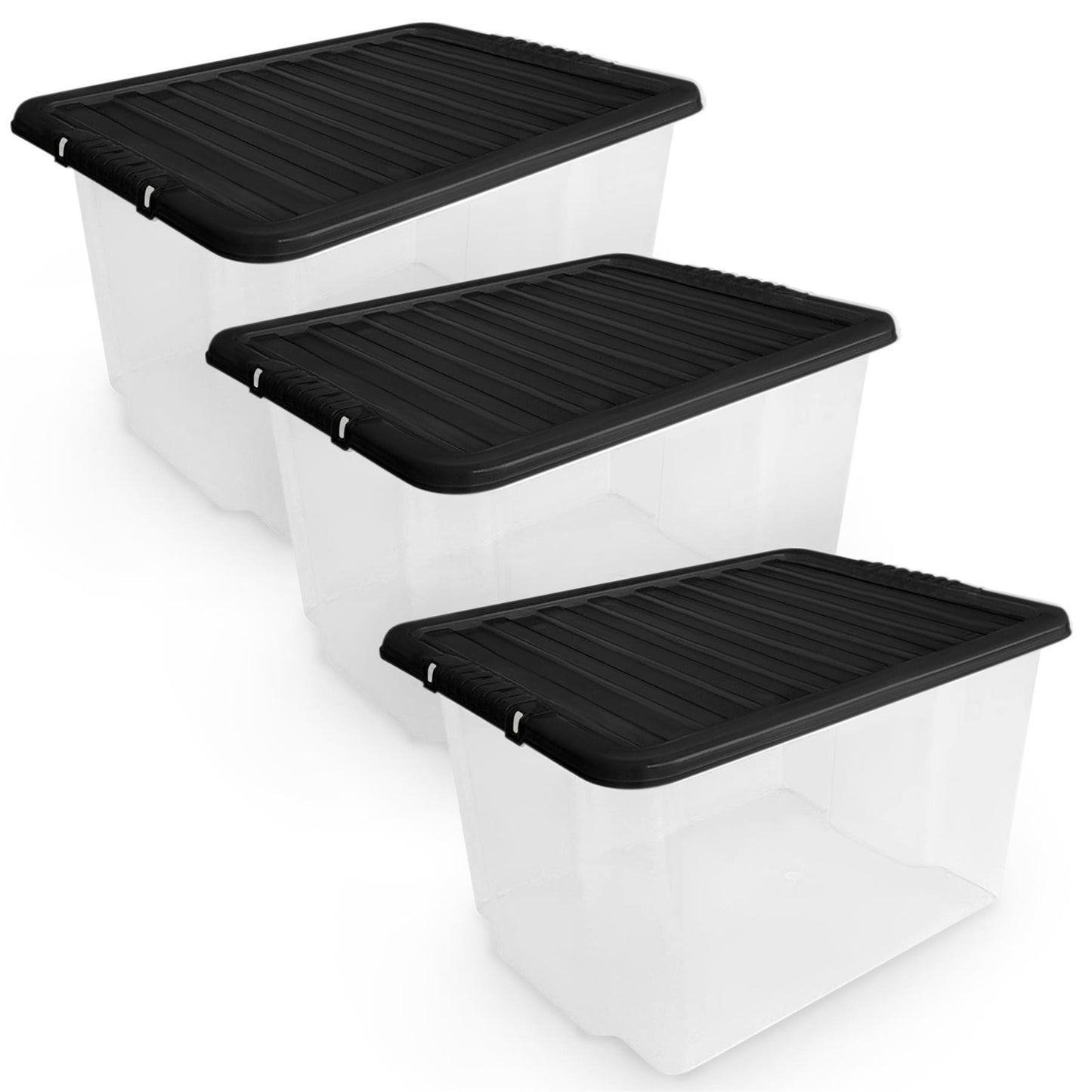 Plastic Storage Boxes with Lids – Clear Black Small Medium Large Stackable Plastic Containers | Ideal for Craft, Shoes, Toys, Office, and Kitchen Organiser | Durable, BPA Free Storage Bin (SET of 3)