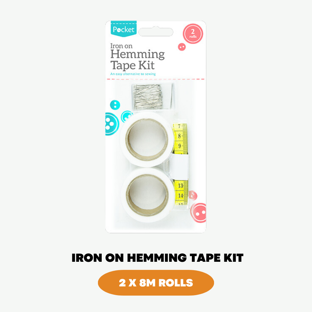 2x Hemming Tapes 8M Large Rolls Measuring Tape Pins Iron On Fabric Cloth Kit Set - ZYBUX