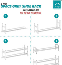 Shoe Rack 3 Tier Space Grey, For Living Room, Store between 9 to 12 Pairs